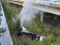 Lorry falls 60 meters from a bridge on the M6 in Cheshire.